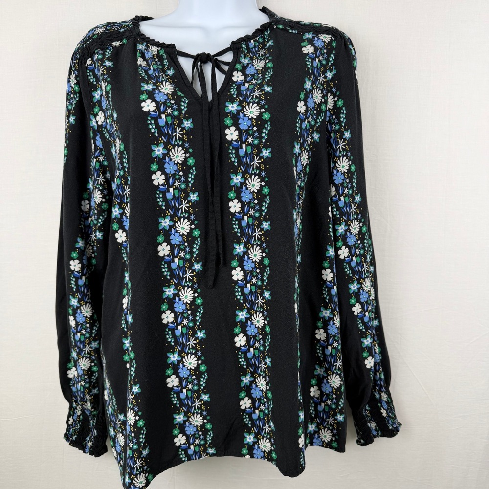 Talbots Womens Medium Black Floral Stripe Peasant Blouse Long Sleeve Size M‎